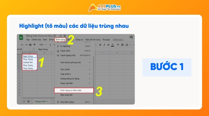 Highlight (tô màu) các dữ liệu trùng nhau: bước 1