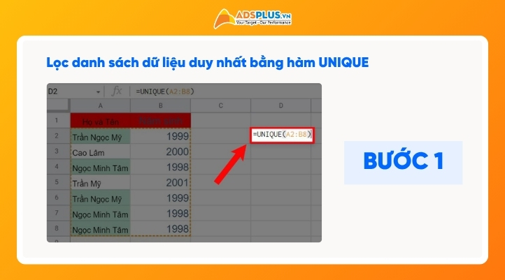 Lọc danh sách dữ liệu duy nhất bằng hàm UNIQUE: bước 1